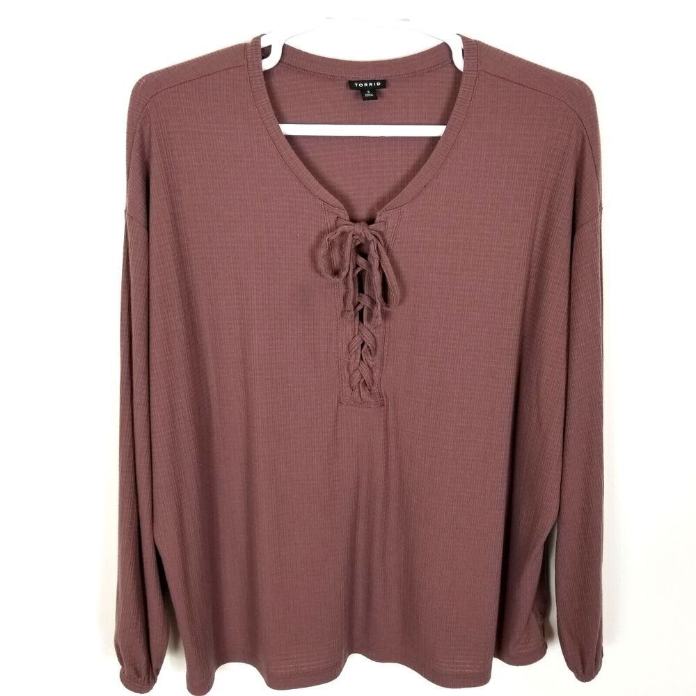 Torrid Women Plus Texture Jersey Lace-Up Drop Shoulder Top Size 3X Mauve Knit